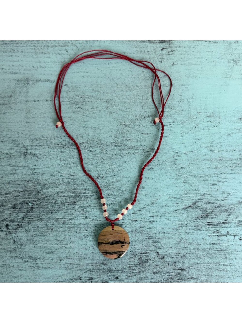 Boho Red Cord Necklace with Beads & Stone Charm Adjustable NEW